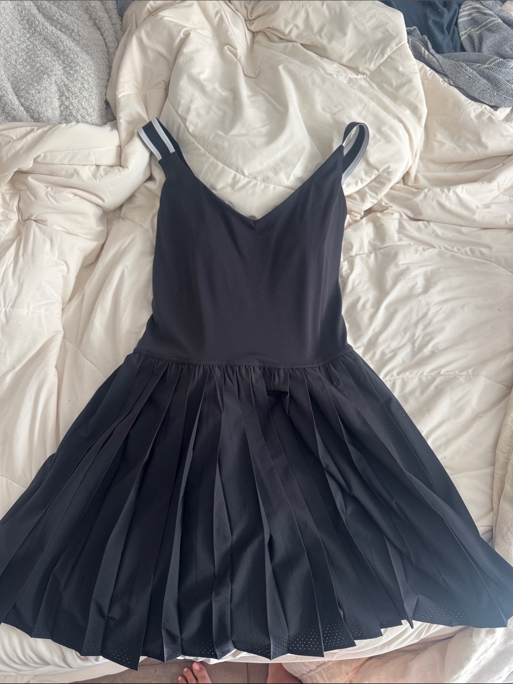 aerie Black Pleated Mini Dress with Striped Straps